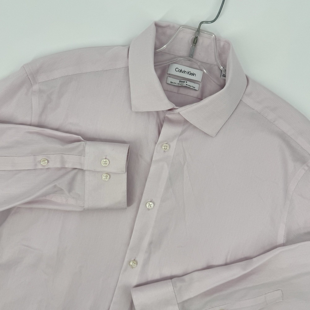 Calvin Klein Steel+ Dress Shirt Men's 16.5 32/33 Large Pink Slim‎ Fit Stretch